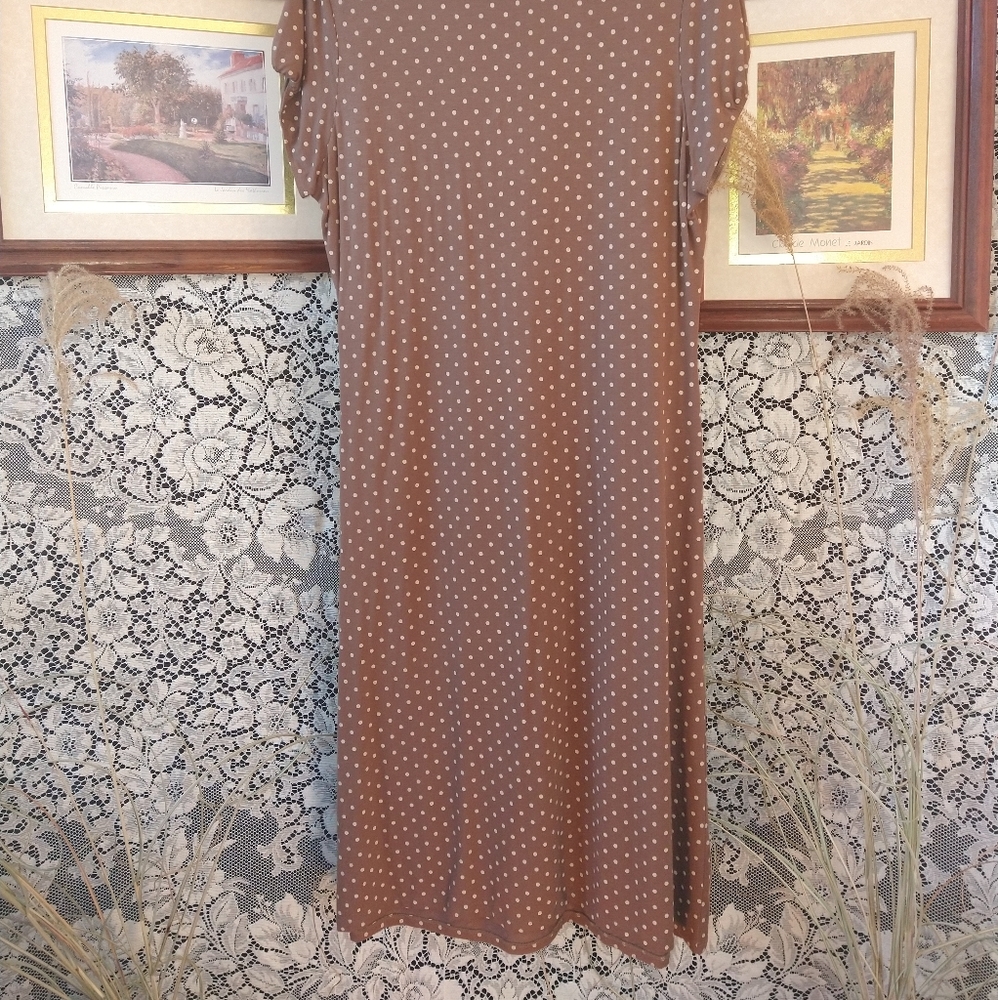 Chris Tan brown with tan beige polka dots dress sleeveless lightweight loose fit - Picture 5 of 9